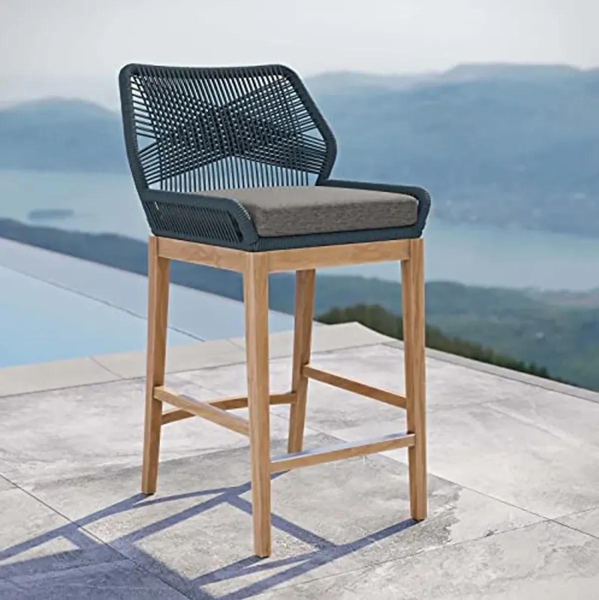 Modway Wellspring Outdoor Patio Teak and Woven Rope Bar Stool in Blue Graphite