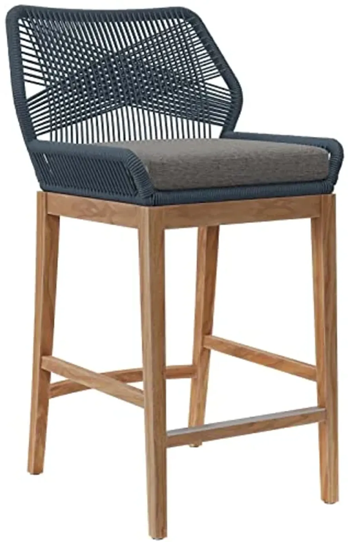 Modway Wellspring Outdoor Patio Teak and Woven Rope Bar Stool in Blue Graphite