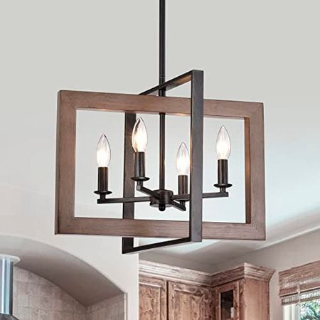 Daniela Natural Wood and Antique Black Metal Open Cage Chandelier