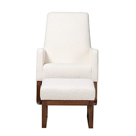 Baxton Studio Yashiya White Upholstered Brown Wood 2-Piece Chair and Ottoman Set
