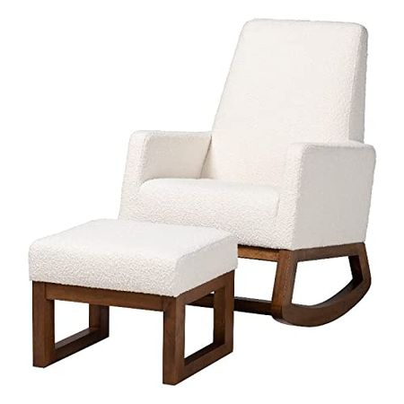 Baxton Studio Yashiya White Upholstered Brown Wood 2-Piece Chair and Ottoman Set