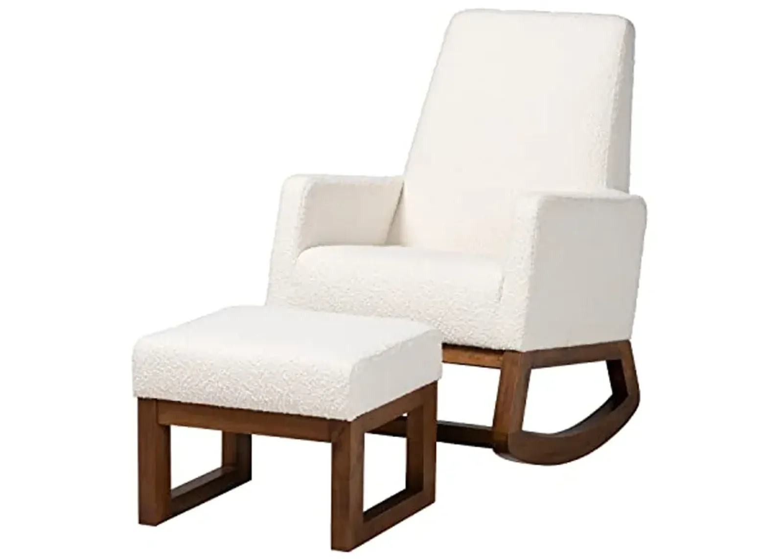 Baxton Studio Yashiya Mid-Century Modern Off-White Boucle Upholstered and Walnut Brown Finished Wood 2-Piece Rocking Chair and Ottoman Set