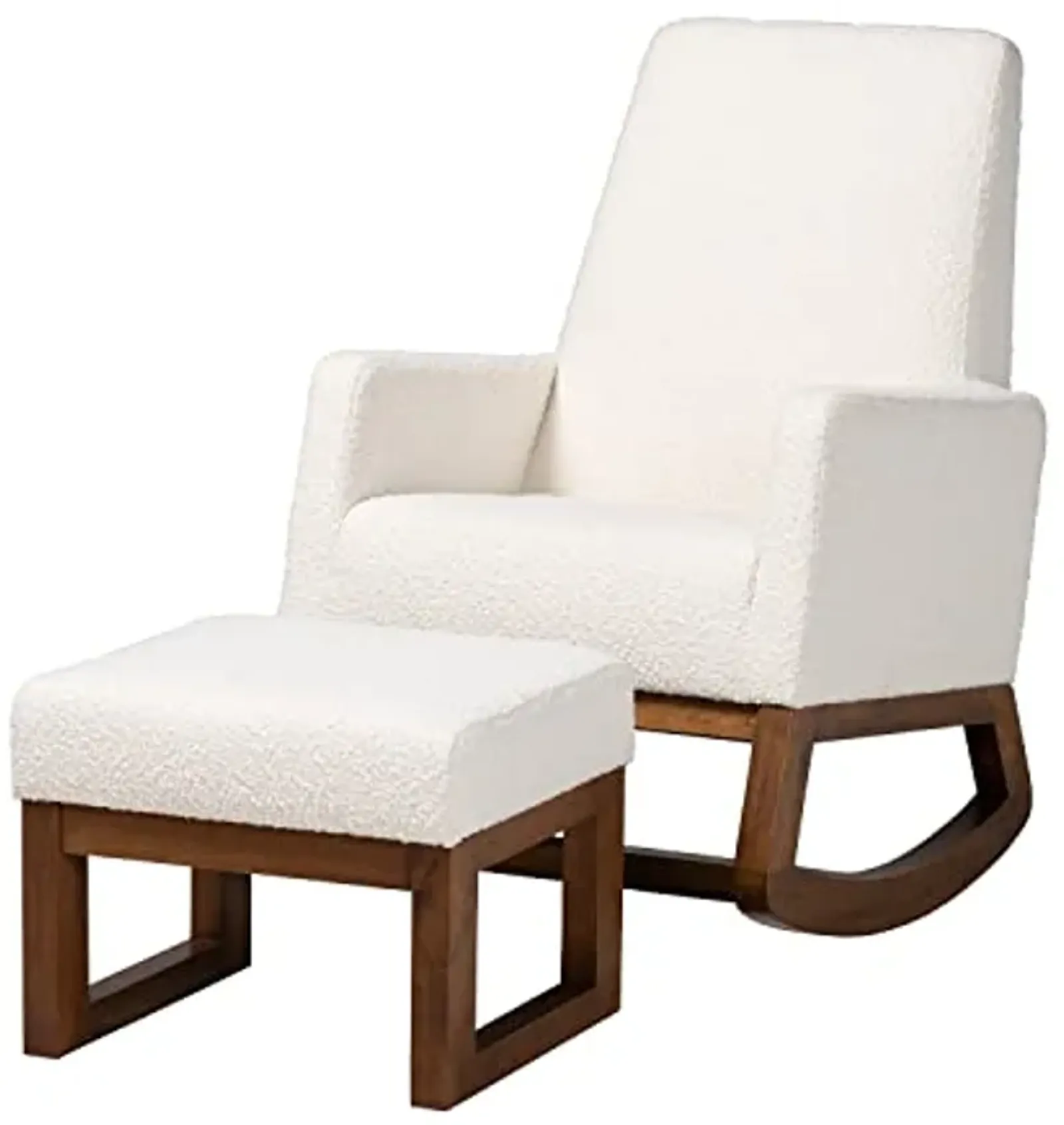 Baxton Studio Yashiya Mid-Century Modern Off-White Boucle Upholstered and Walnut Brown Finished Wood 2-Piece Rocking Chair and Ottoman Set