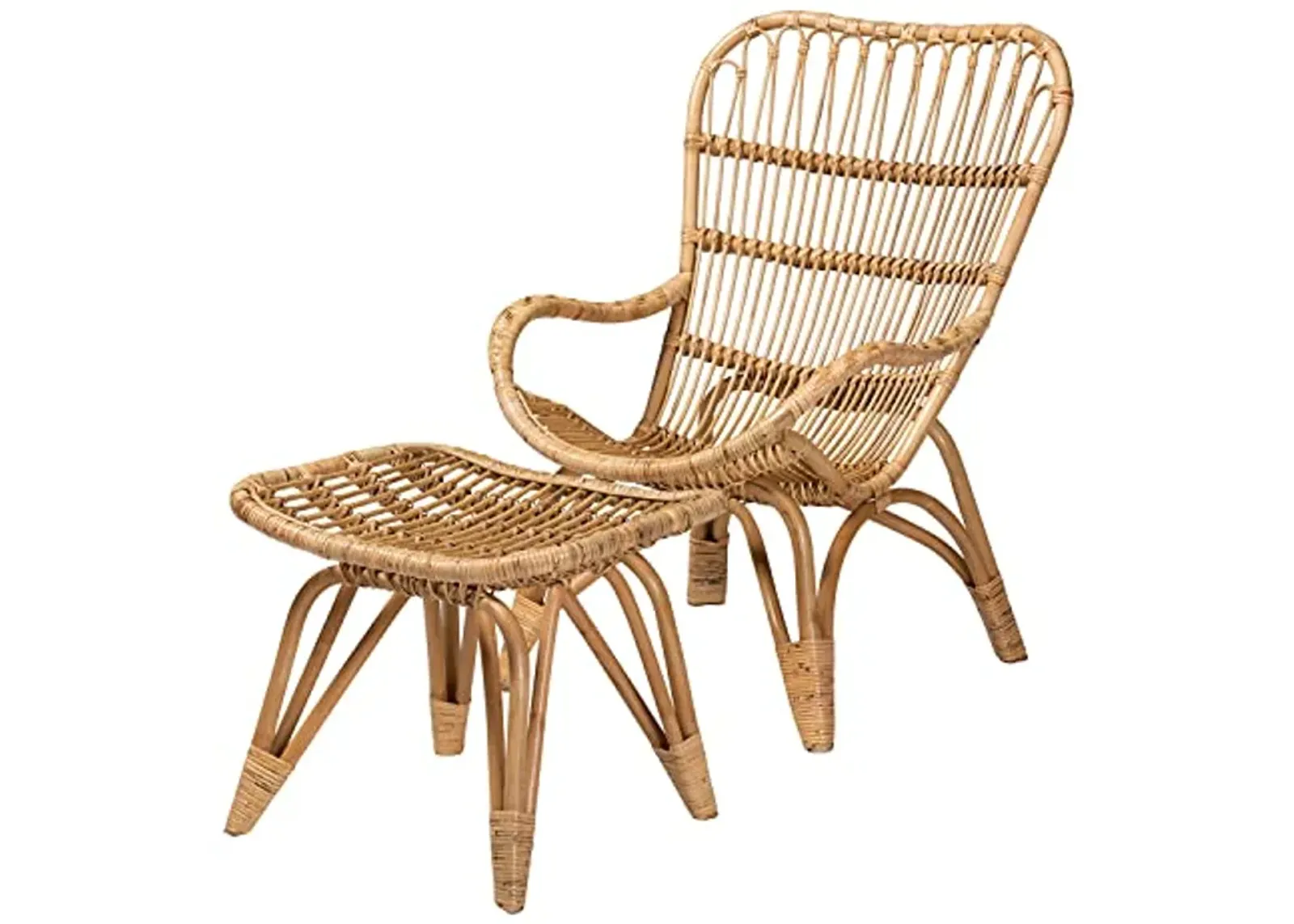 Baxton Studio Earvin Modern Bohemian Natural Brown Rattan 2-Piece Armchair and Footstool Set