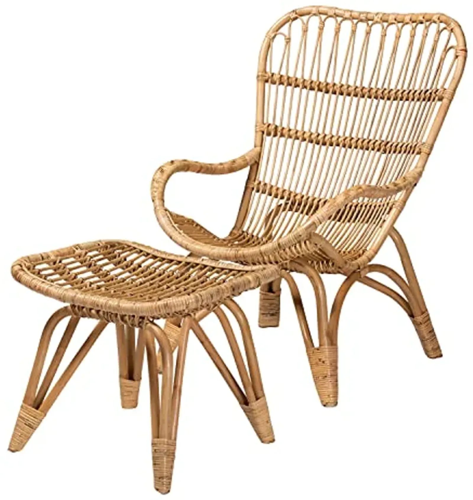 Baxton Studio Earvin Modern Bohemian Natural Brown Rattan 2-Piece Armchair and Footstool Set