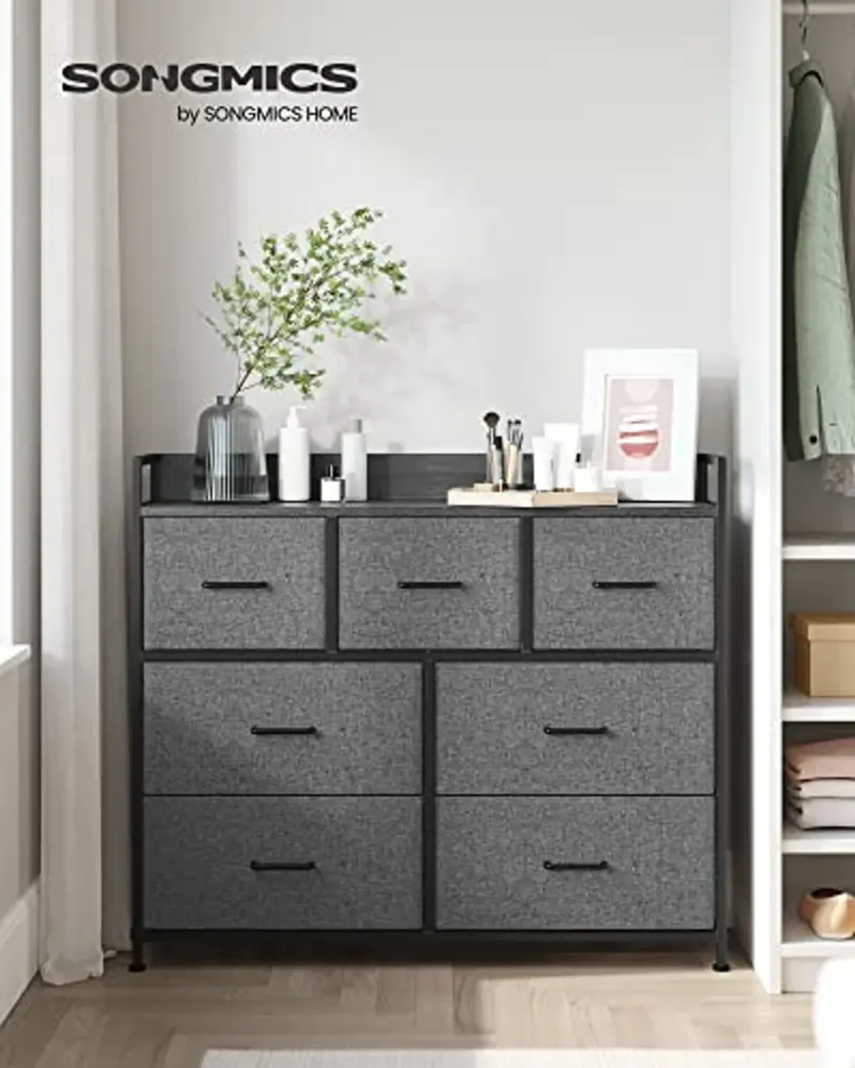 SONGMICS Dresser for Bedroom, Chest, Clothes Organizer Storage Unit 7 Fabric Drawers with Handles, 11.8”D x 31.5”W x 28”H, Gray, Black with Wood Grain