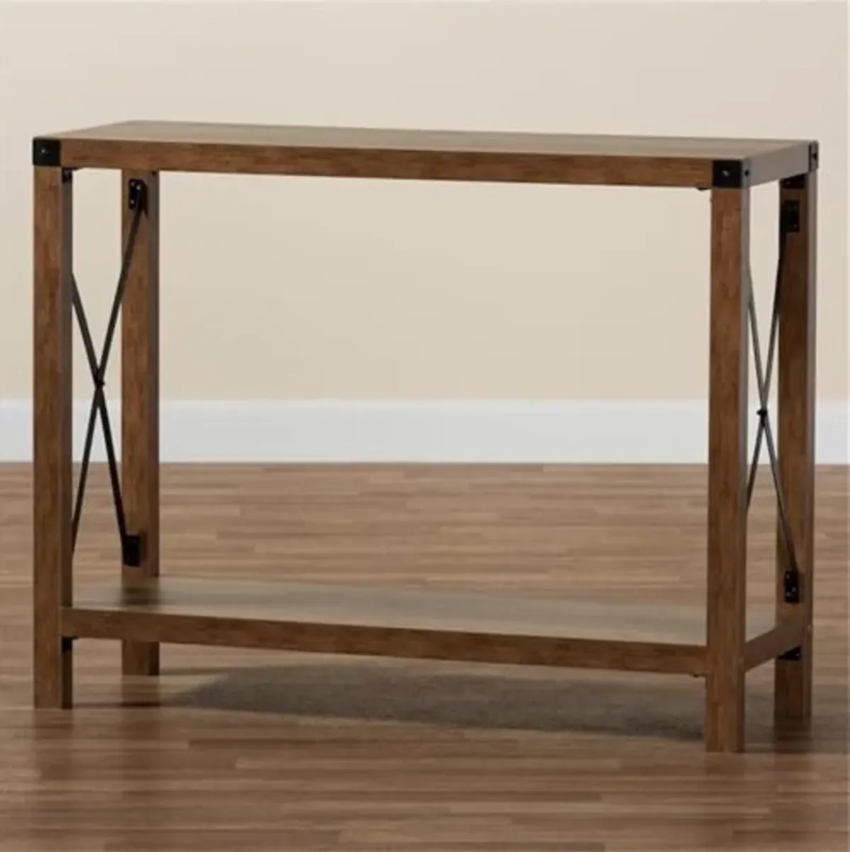 Baxton Studio Rumi Modern Farmhouse Natural Brown Finished Wood and Black Metal Console Table