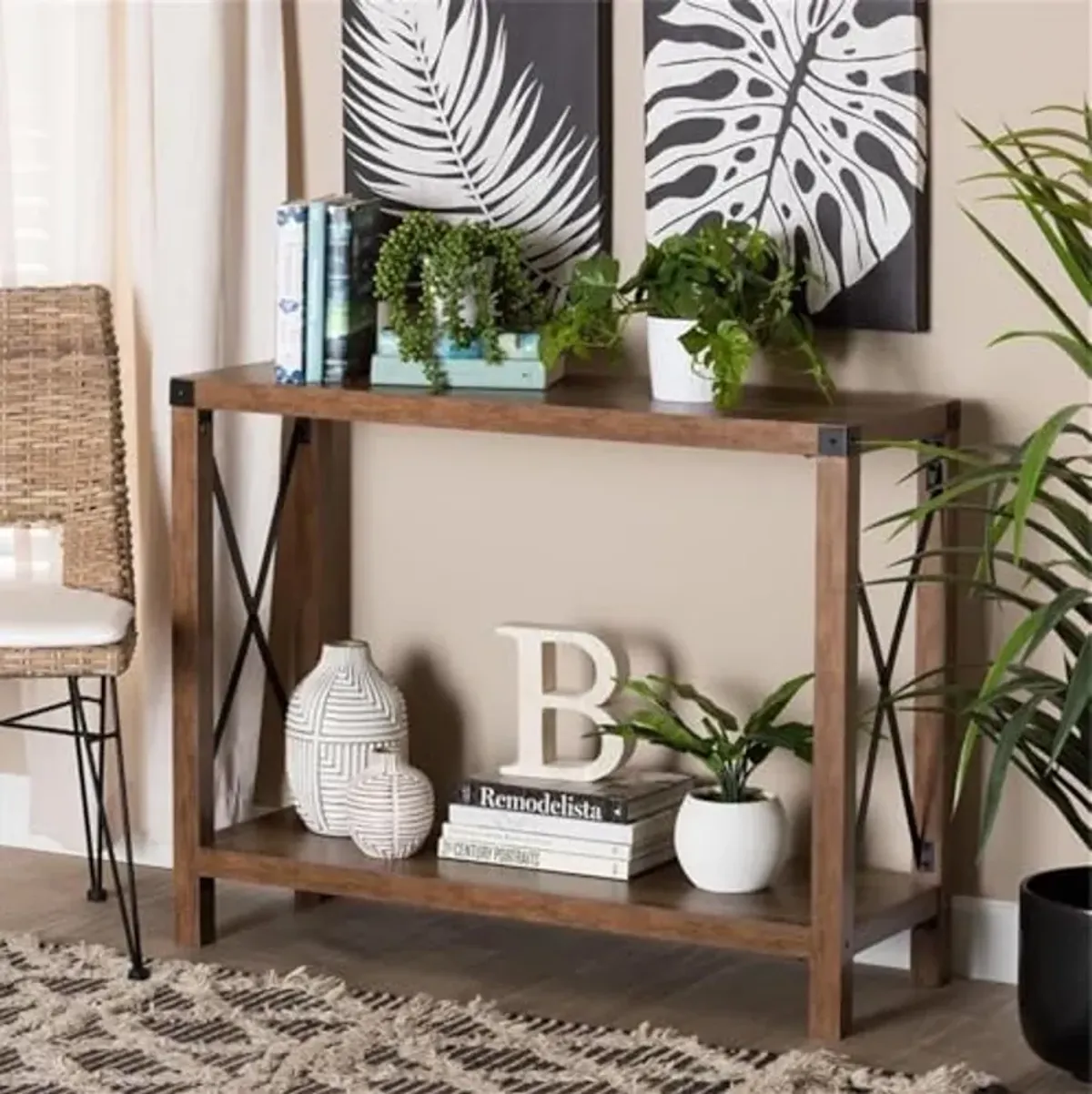 Baxton Studio Rumi Modern Farmhouse Natural Brown Finished Wood and Black Metal Console Table