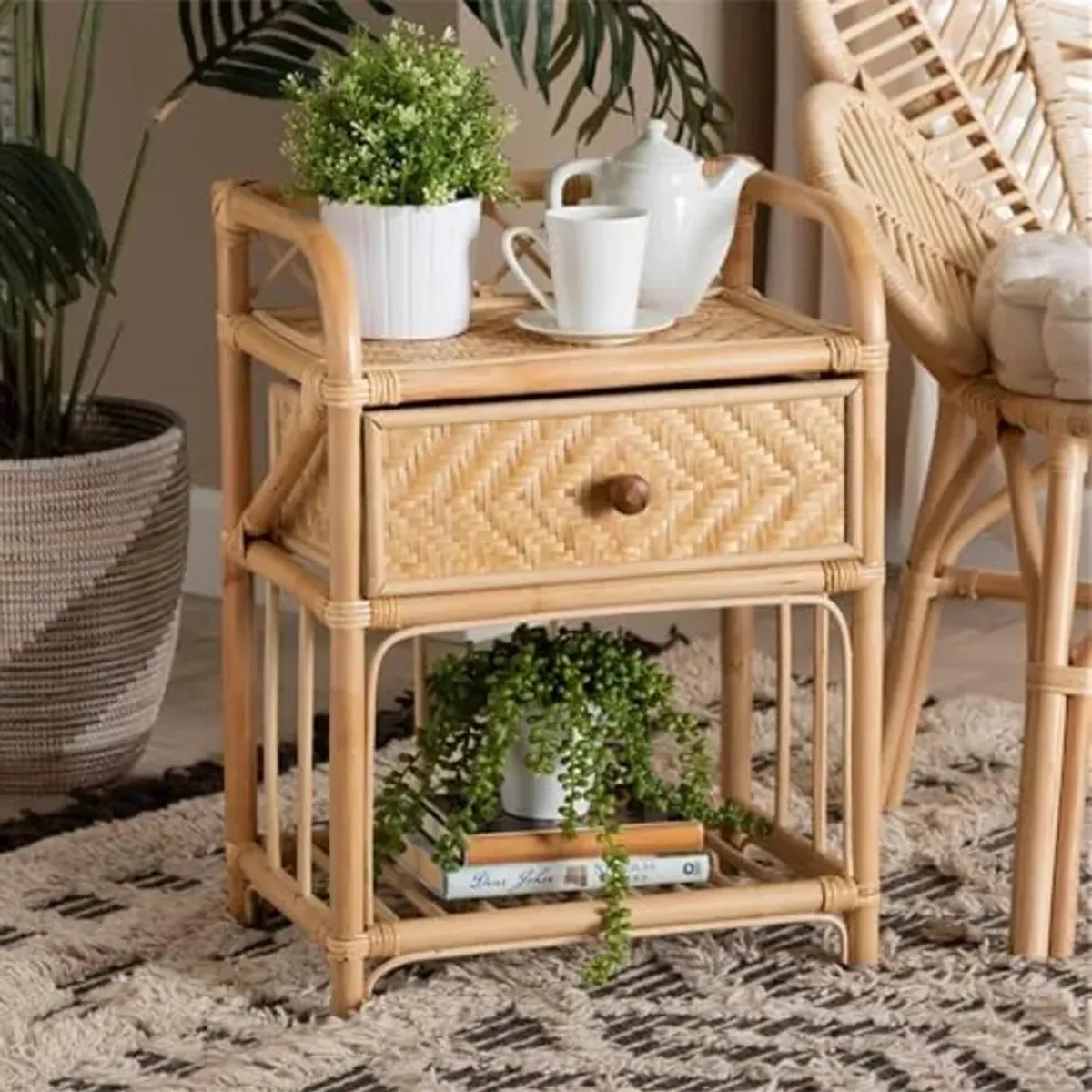 Baxton Studio Kobie Modern Bohemian Natural Brown Rattan 1-Drawer Nightstand