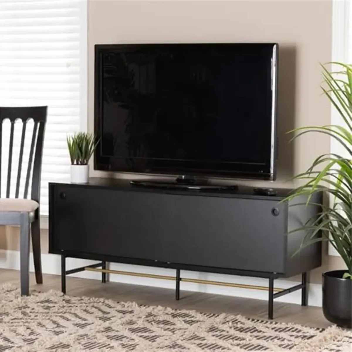 Baxton Studio Truett Modern Dark Brown Finished Wood and Two-Tone Black and Gold Metal TV Stand