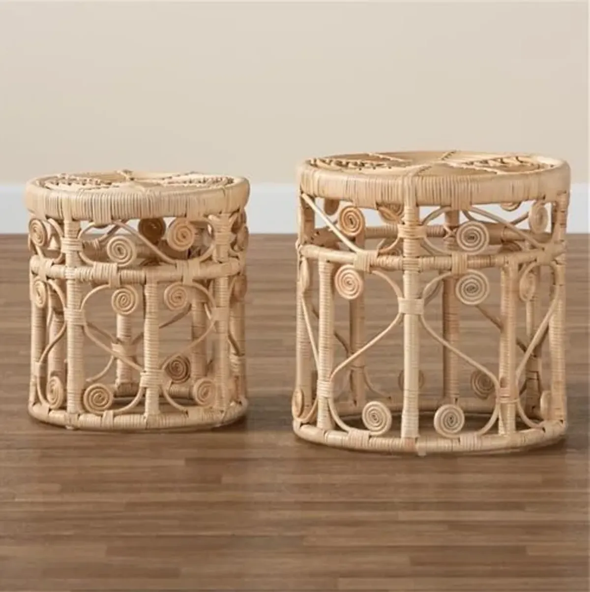 Baxton Studio Bowie Modern Bohemian Natural Brown Rattan 2-Piece Nesting End Table Set