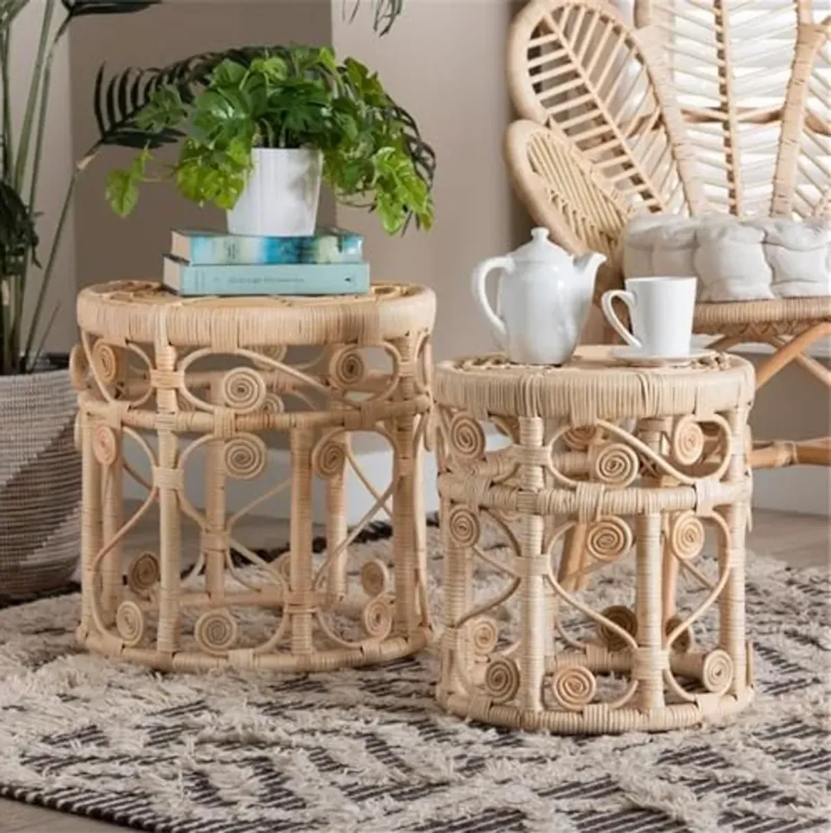 Baxton Studio Bowie Modern Bohemian Natural Brown Rattan 2-Piece Nesting End Table Set