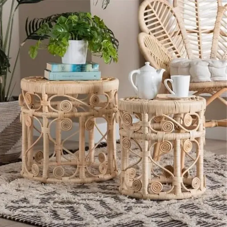 Baxton Studio Natural Brown Rattan 2-Piece Nesting End Table Set