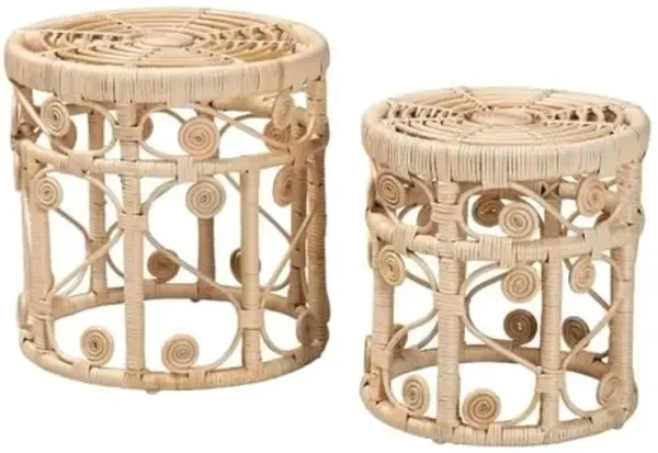 Baxton Studio Bowie Modern Bohemian Natural Brown Rattan 2-Piece Nesting End Table Set Natural Brown/Natural Rattan