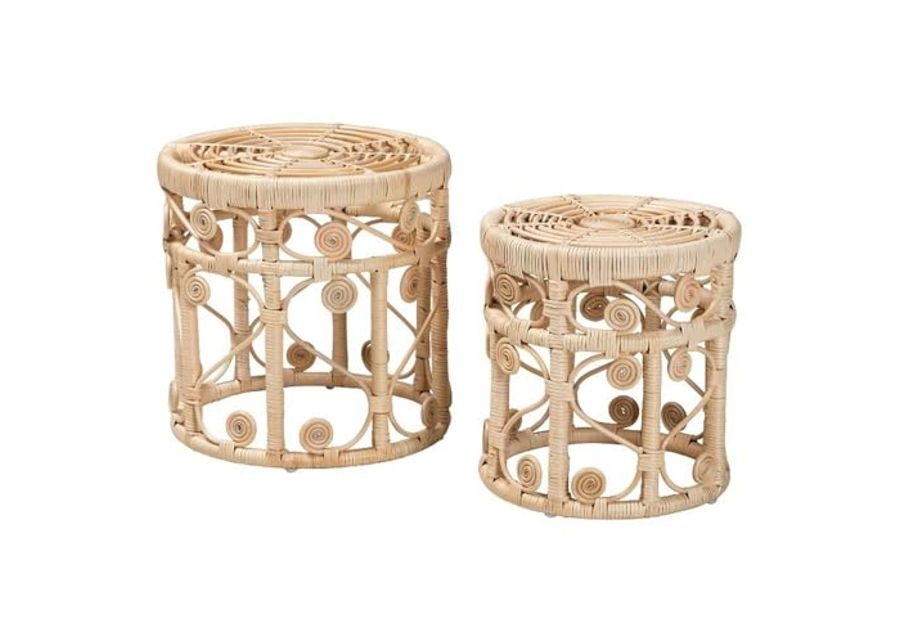 Baxton Studio Natural Brown Rattan 2-Piece Nesting End Table Set