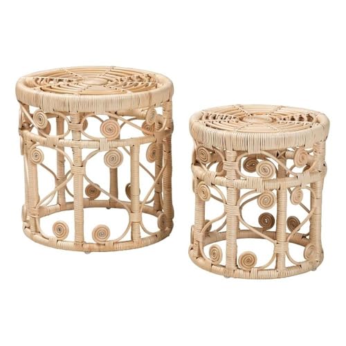 Baxton Studio Natural Brown Rattan 2-Piece Nesting End Table Set