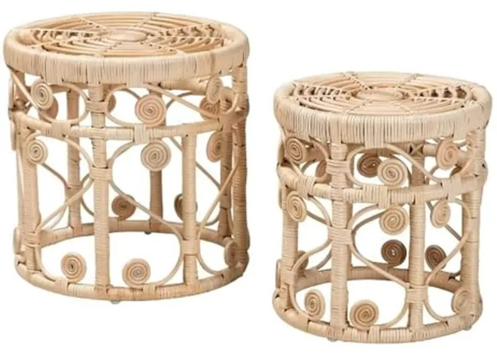 Baxton Studio Bowie Modern Bohemian Natural Brown Rattan 2-Piece Nesting End Table Set