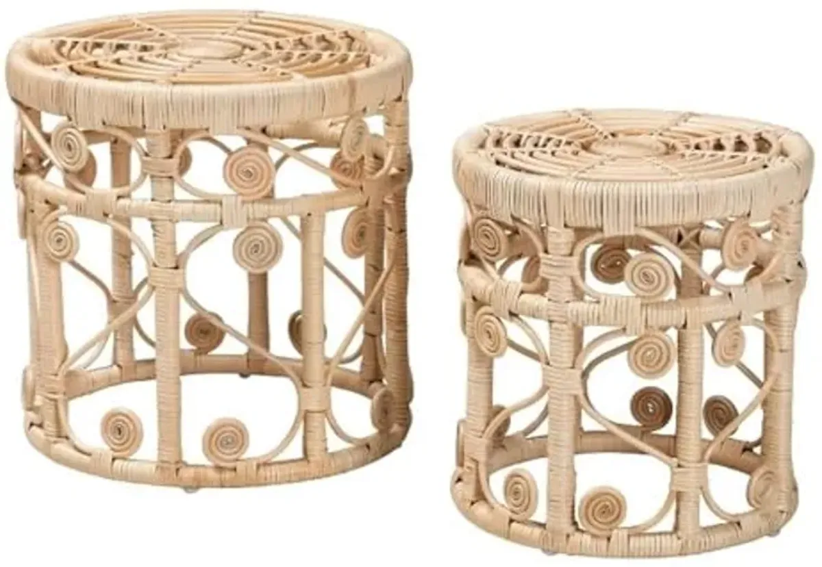 Baxton Studio Bowie Modern Bohemian Natural Brown Rattan 2-Piece Nesting End Table Set