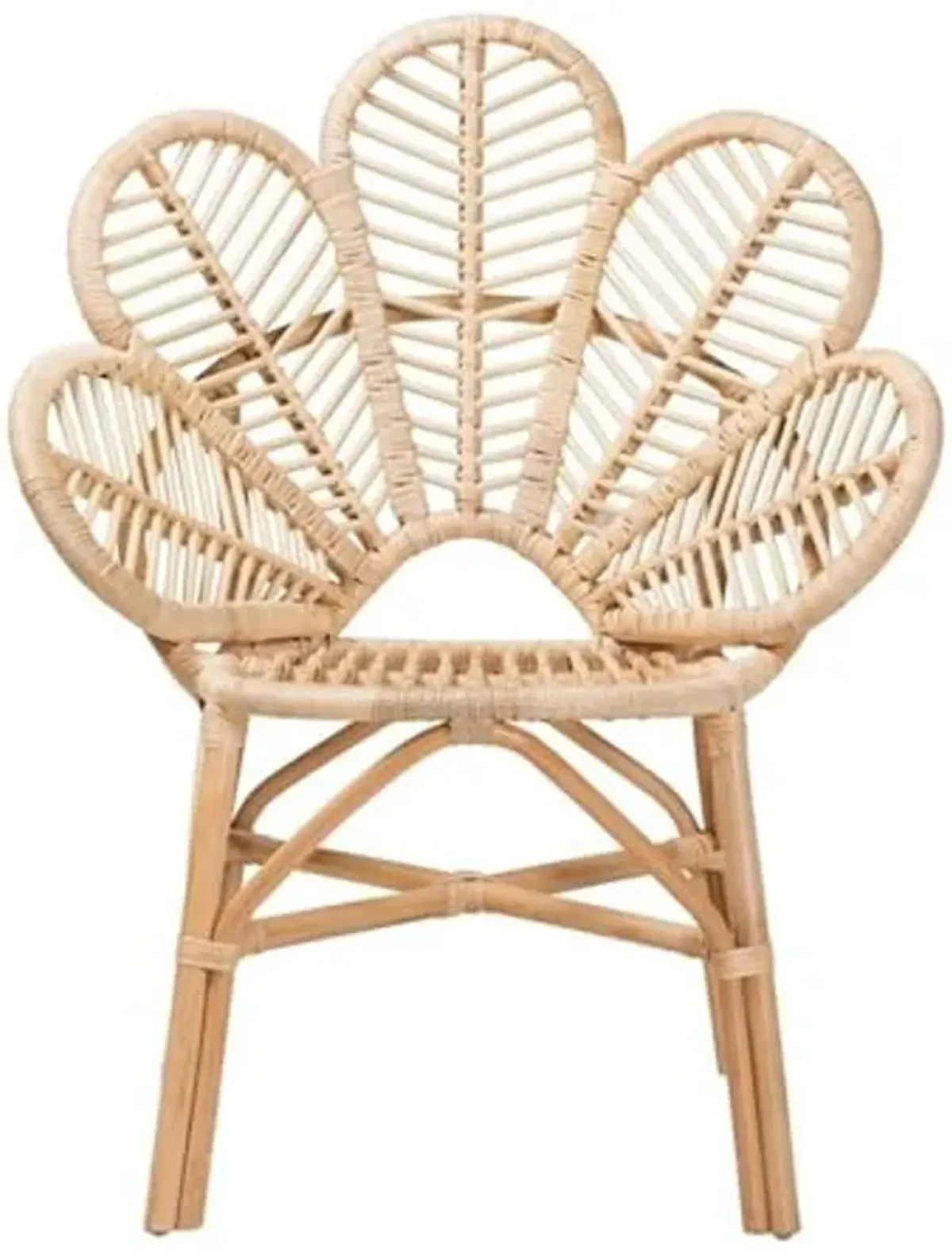 Baxton Studio Bianca Modern Bohemian Rattan Flower Chair with Angled Legs & Crisscross Base, Openwork Design, in Natural Brown Finish