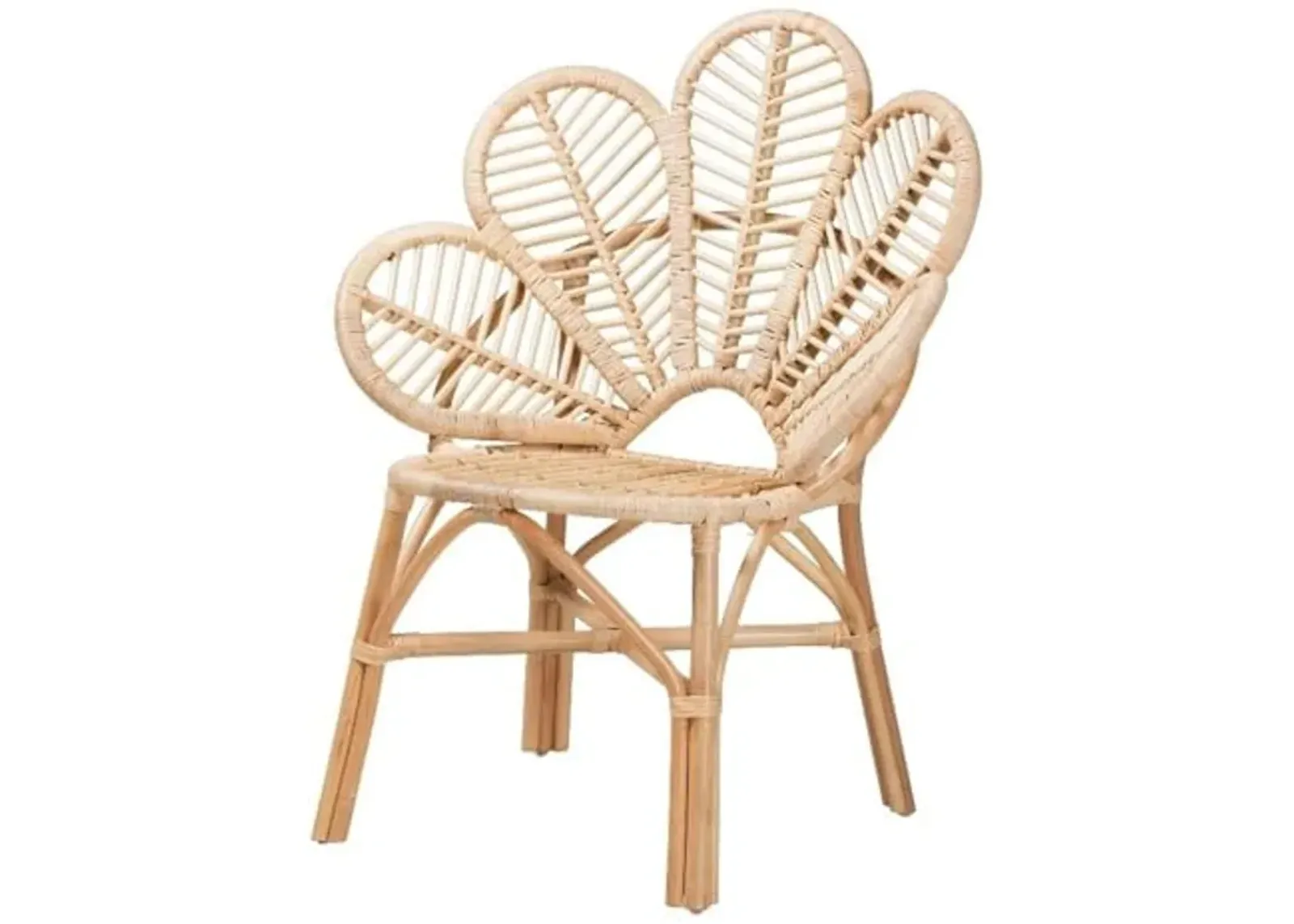 Baxton Studio Bianca Modern Bohemian Rattan Flower Chair with Angled Legs & Crisscross Base, Openwork Design, in Natural Brown Finish