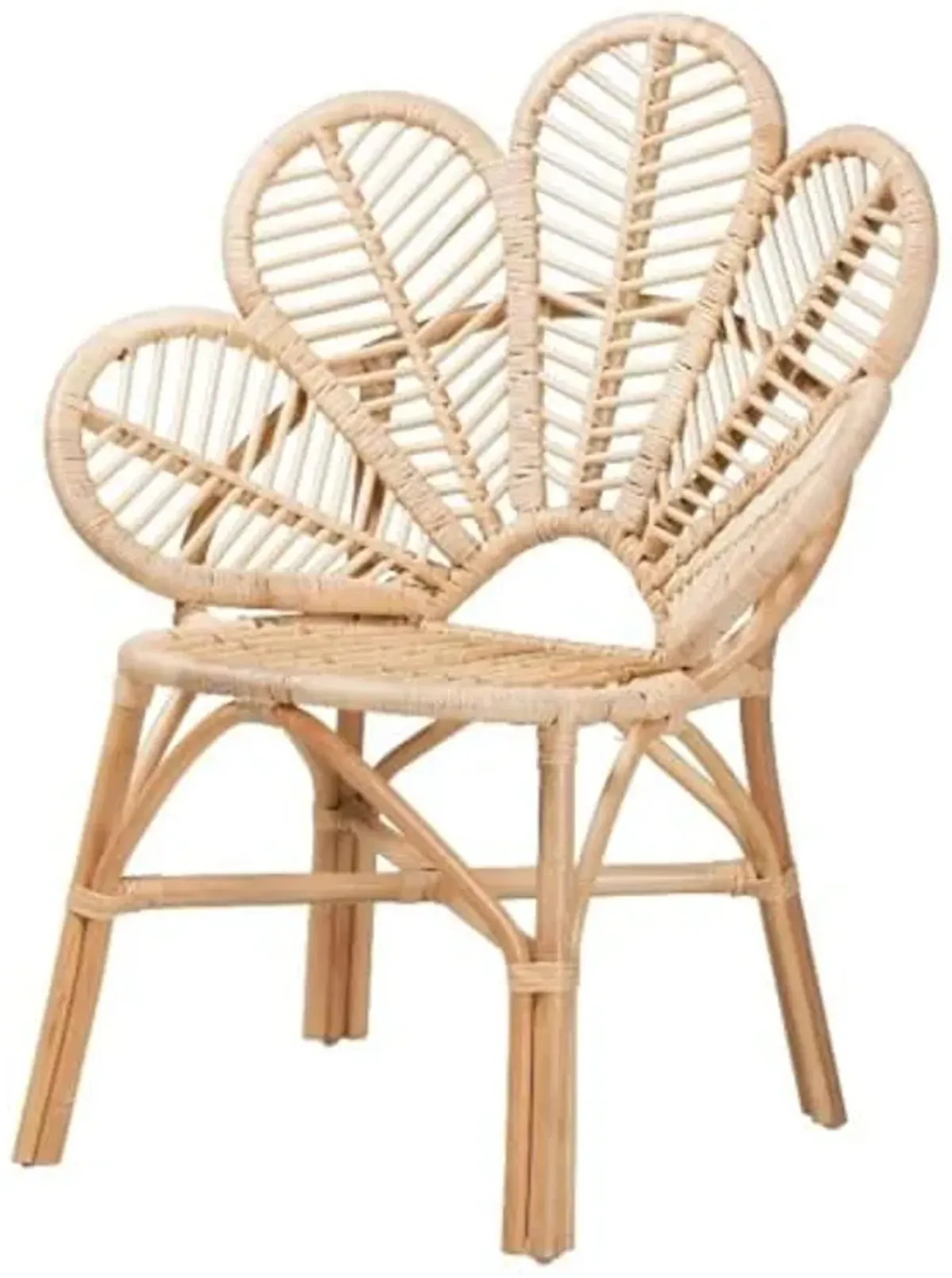 Baxton Studio Bianca Modern Bohemian Rattan Flower Chair with Angled Legs & Crisscross Base, Openwork Design, in Natural Brown Finish