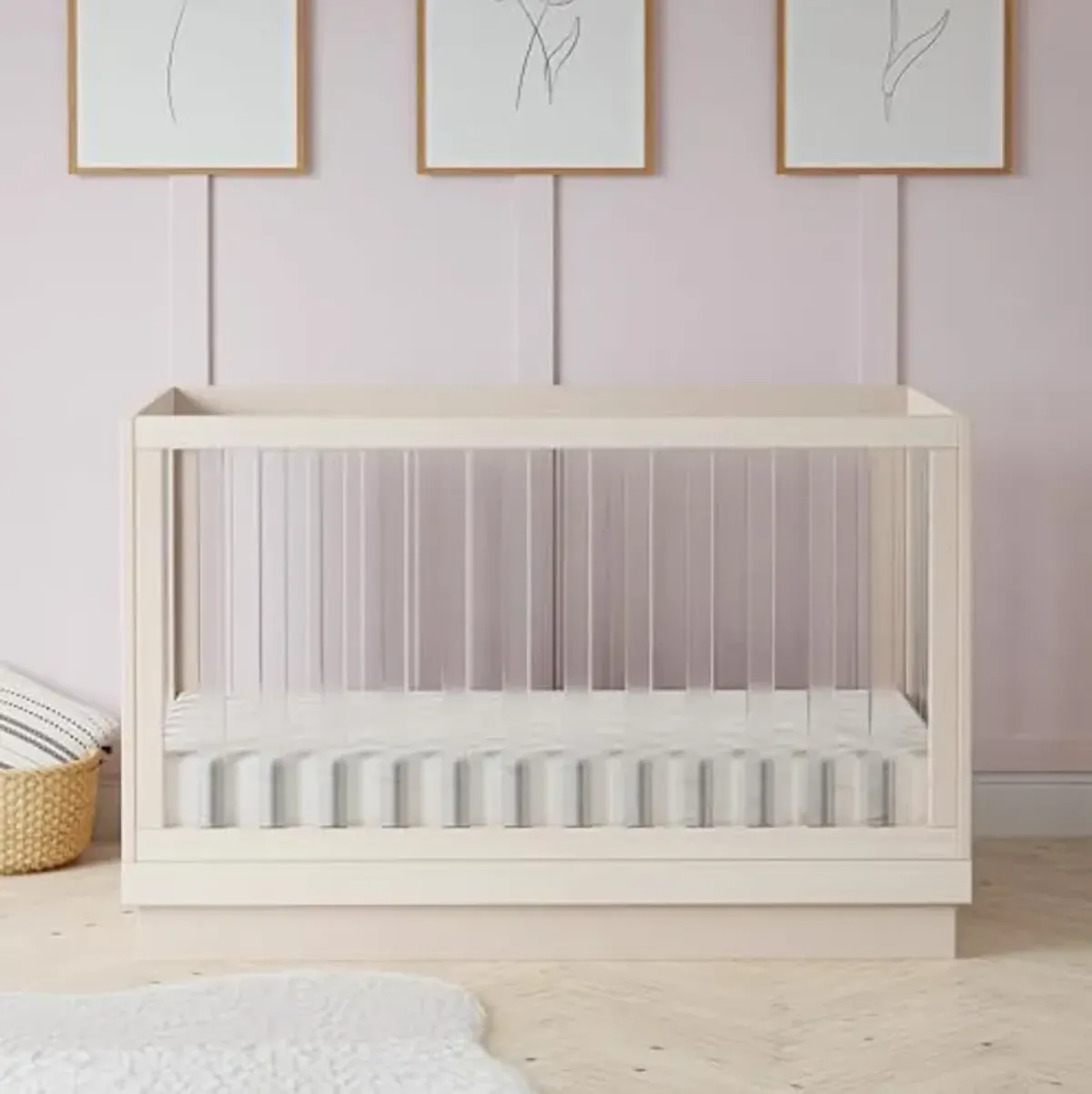 Babyletto Harlow Acrylic 3-in-1 Convertible Crib with Toddler Bed Conversion Kit in Washed Natural with Acrylic Slats, Greenguard Gold Certified