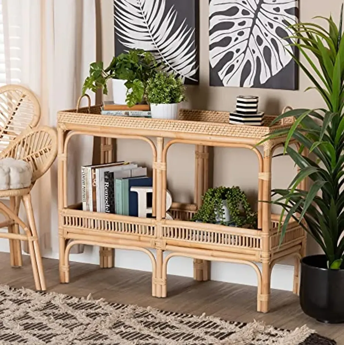 Baxton Studio Lombok Natural Rattan Console Table, 2-Tier