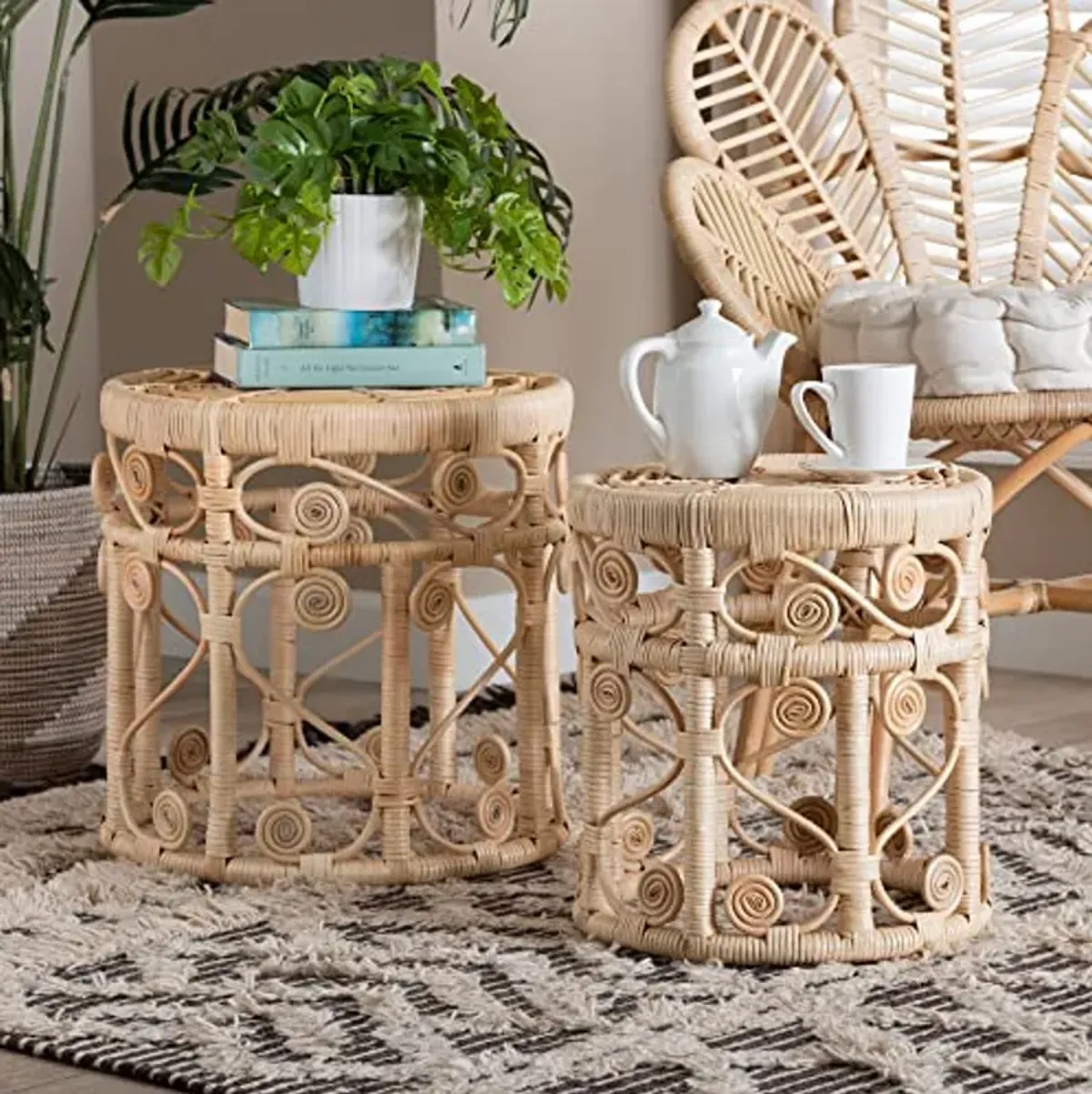 Baxton Studio Bowie Natural Rattan Nesting End Table, 2-Piece Set