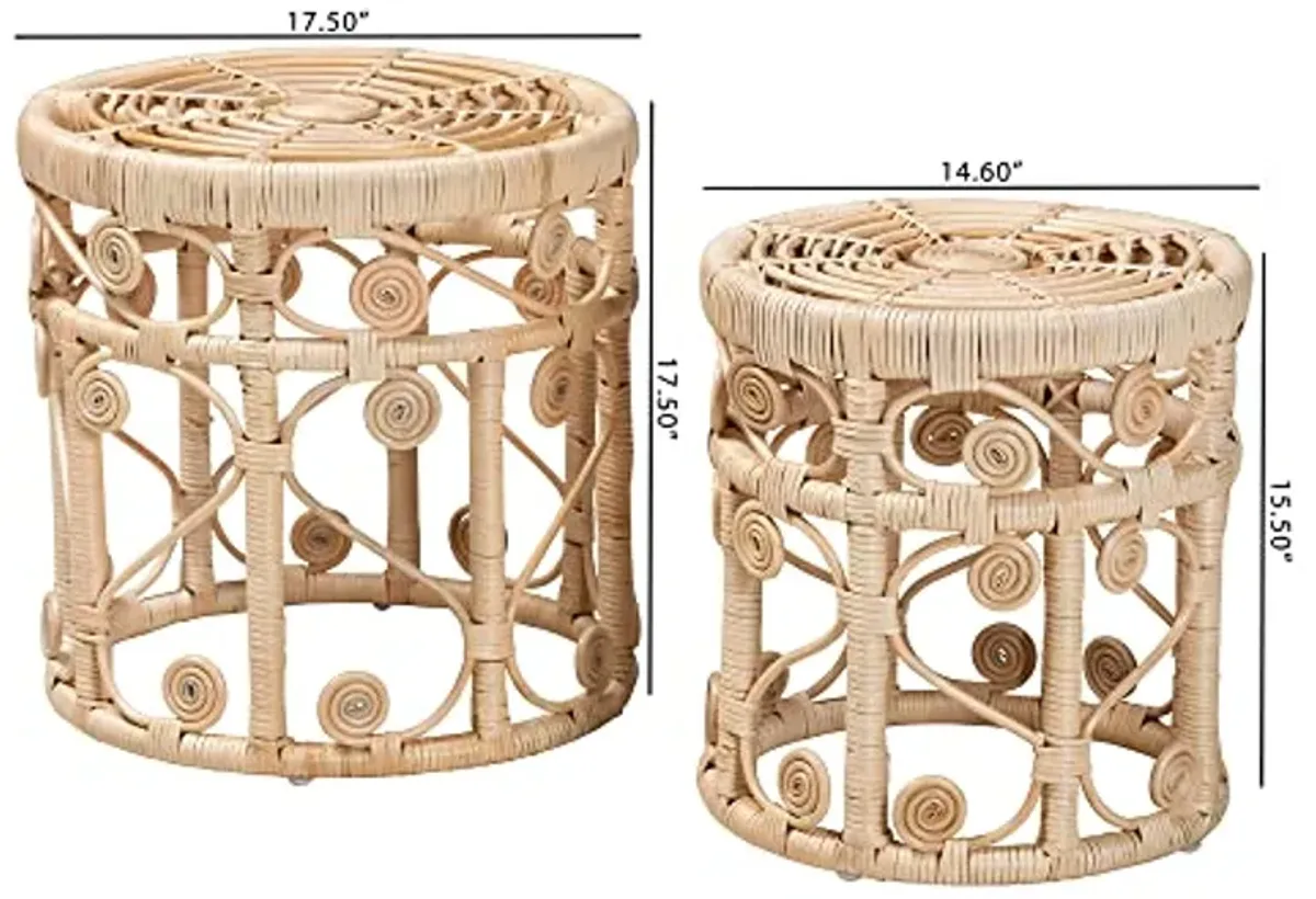 Baxton Studio Bowie Natural Rattan Nesting End Table, 2-Piece Set