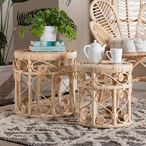 Baxton Studio Bowie Natural Rattan Nesting End Table, 2-Piece Set