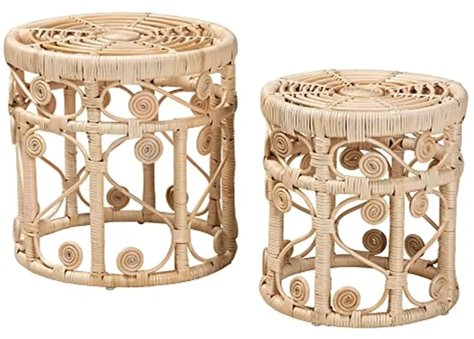 Baxton Studio Bowie Natural Rattan Nesting End Table, 2-Piece Set