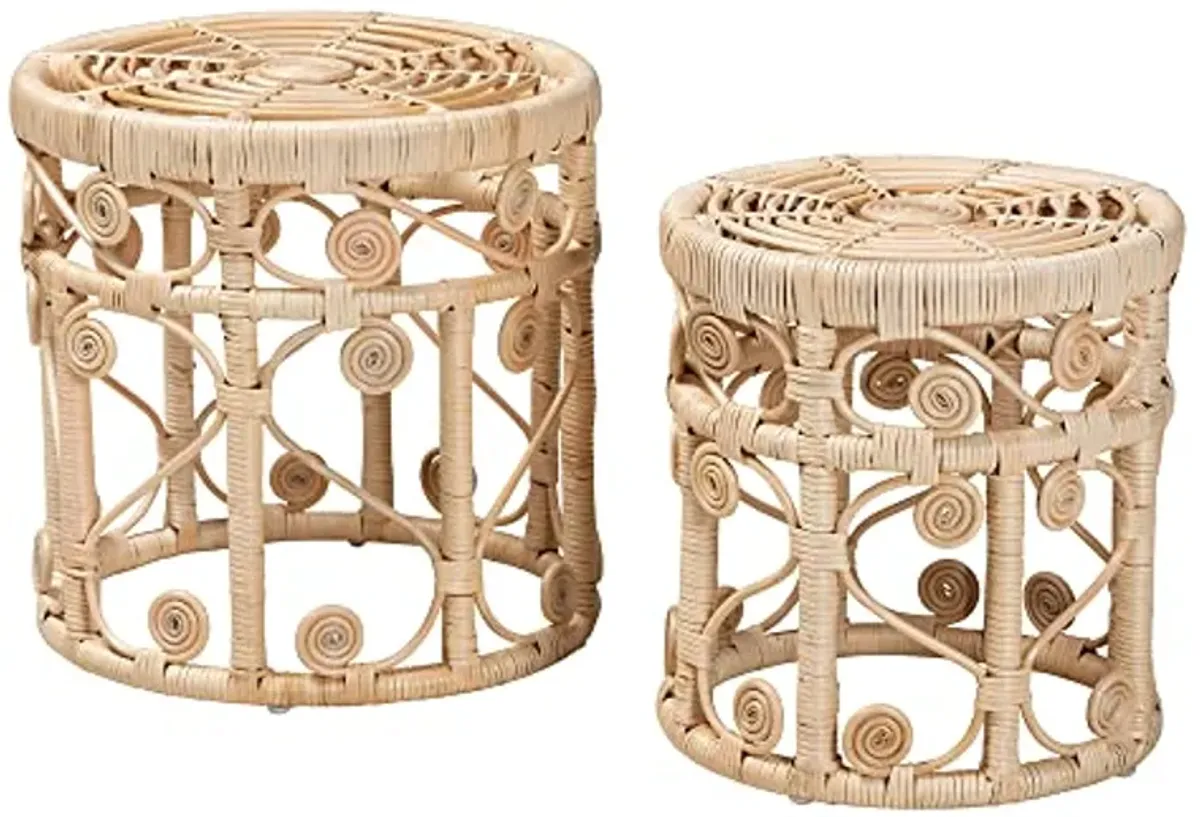 Baxton Studio Bowie Natural Rattan Nesting End Table, 2-Piece Set