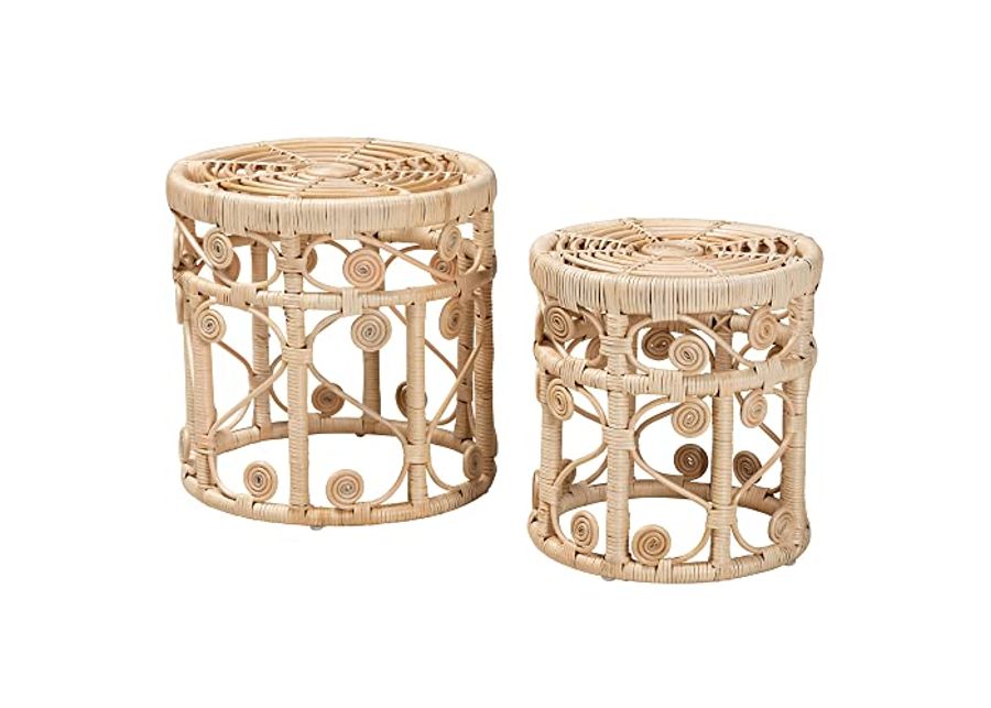 Baxton Studio Bowie Natural Rattan Nesting End Table, 2-Piece Set