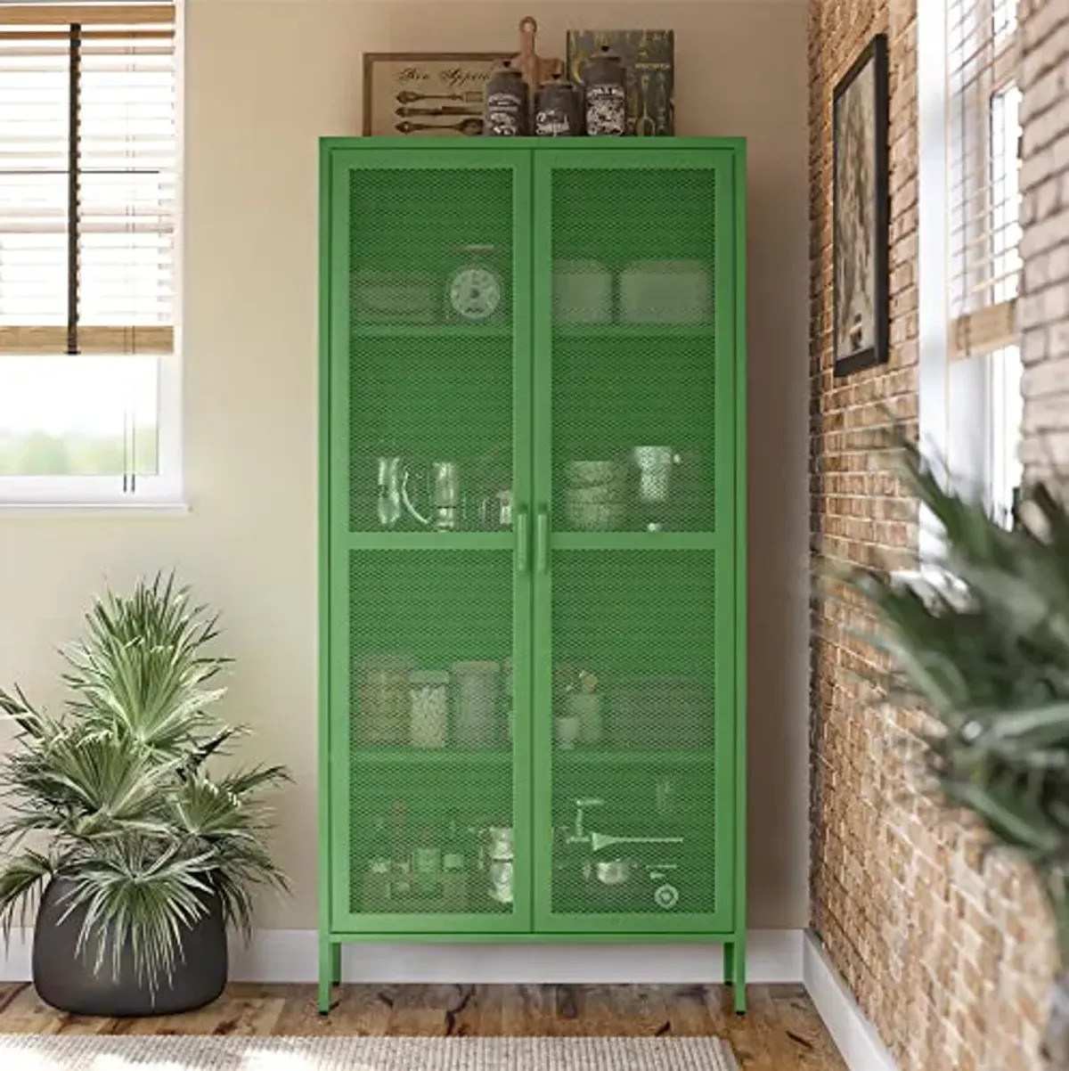 Novogratz Channing Tall 2 Door Storage Cabinet-Mesh Metal Locker, Kelly Green