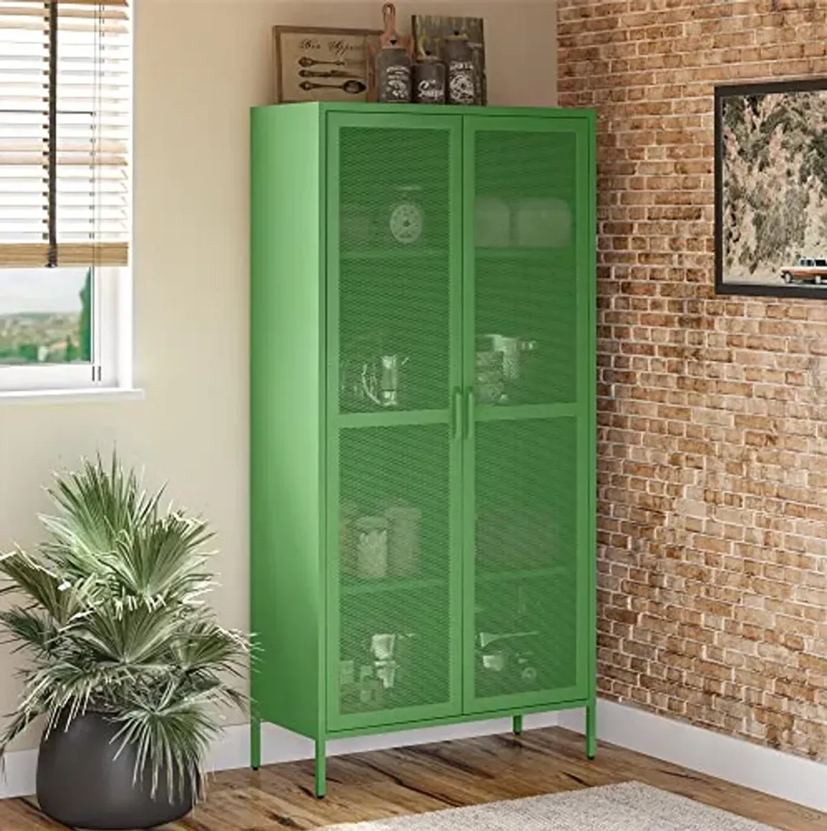 Novogratz Channing Tall 2 Door Storage Cabinet-Mesh Metal Locker, Kelly Green