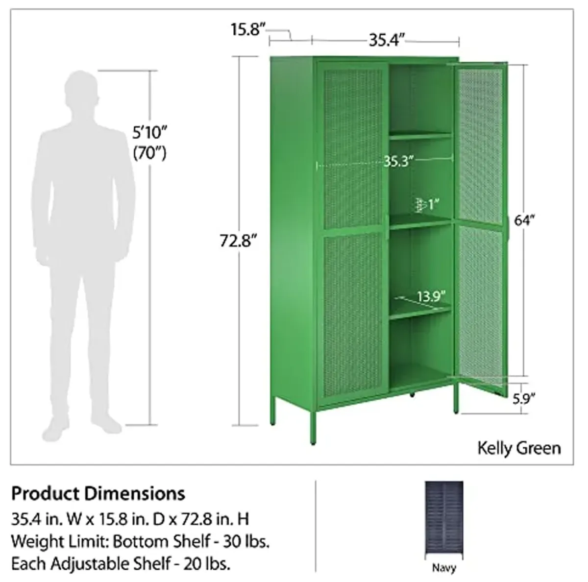 Novogratz Channing Tall 2 Door Storage Cabinet-Mesh Metal Locker, Kelly Green