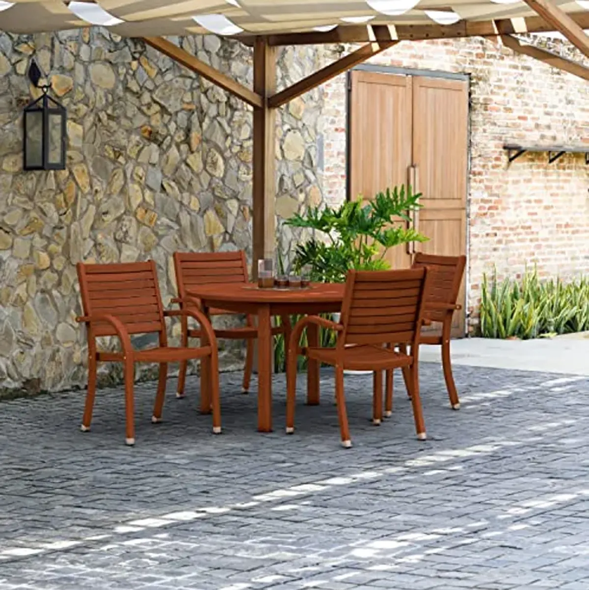 Amazonia Arizona 5 Piece Round Patio Dining Set | Eucalyptus Wood | Ideal for Outdoors and Indoors, Dark Teak Finish