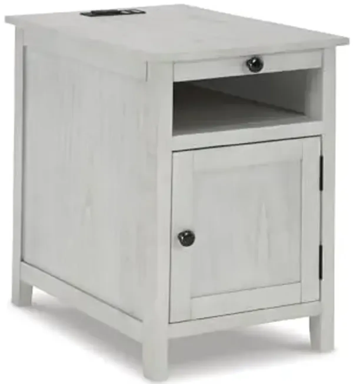 Signature Design by Ashley Treytown Casual Compact Chairside End Table with a Storage Cabinet, Open Cubby Shelf, Pull-Out Tray & USB Charging Ports, Whitewash