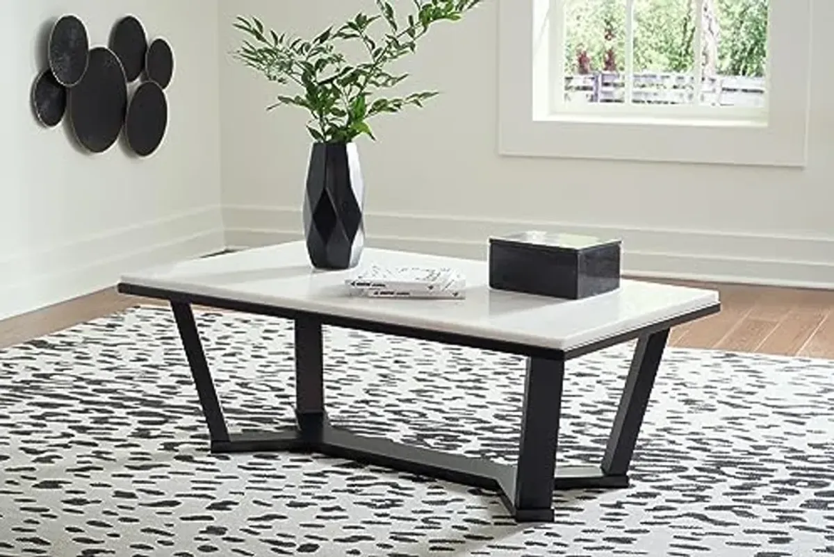 Signature Design by Ashley Fostead Contemporary Rectangular Coffee Table with Marble Top, White Marble & Dark Brown