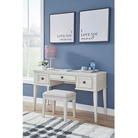 Signature Design by Ashley Robbinsdale Casual Vanity with 3 Drawers & Upholstered Cushioned Stool, Whitewash