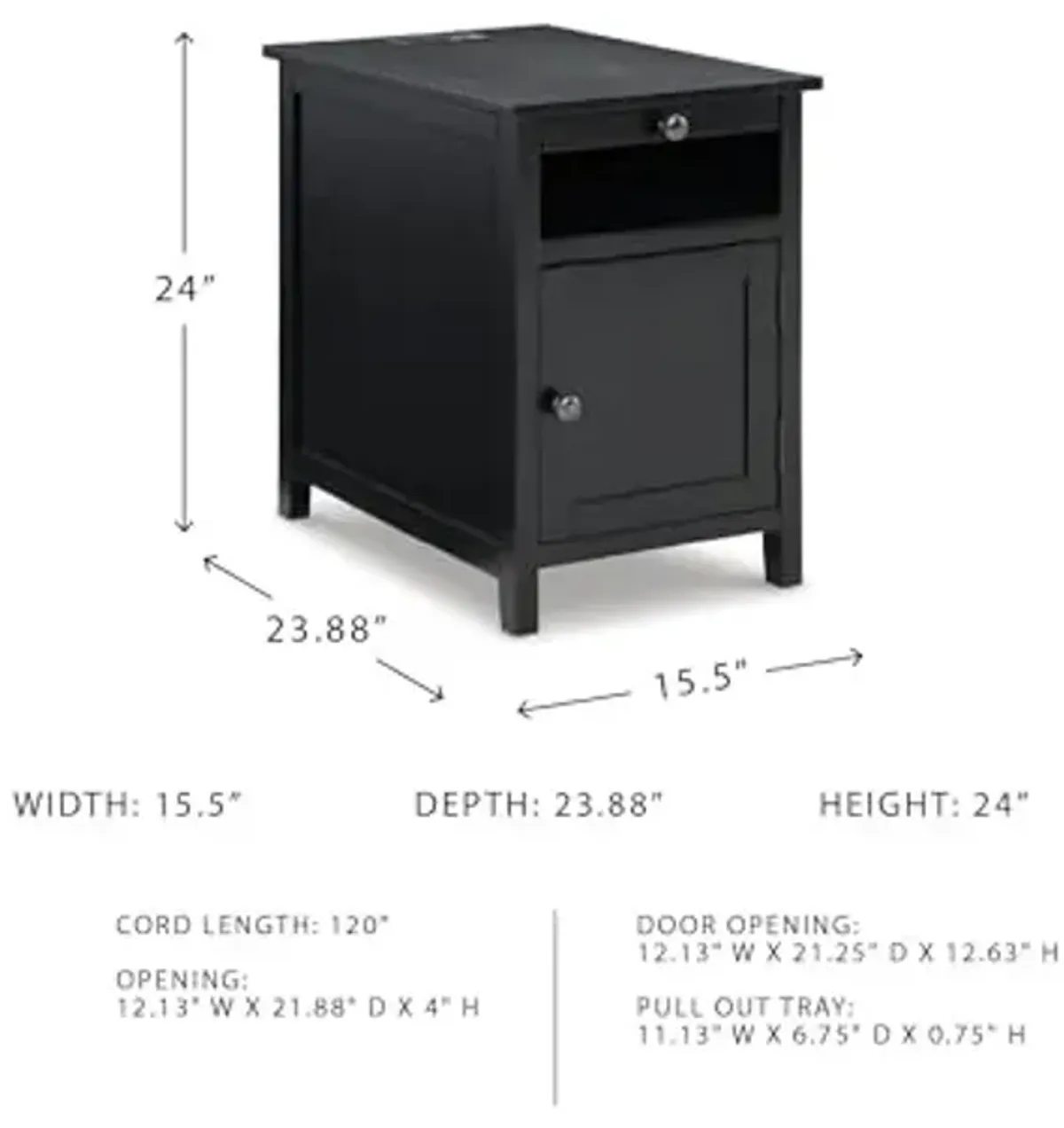 Signature Design by Ashley Treytown Casual Compact Chairside End Table with a Storage Cabinet, Open Cubby Shelf, Pull-Out Tray & USB Charging Ports, Black