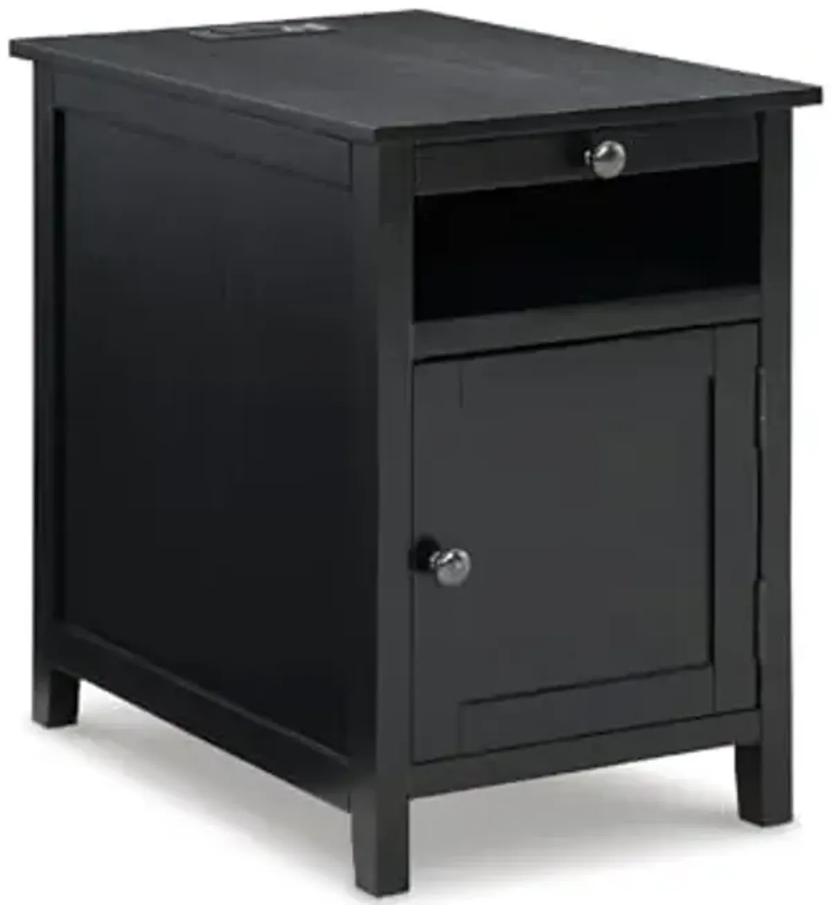 Signature Design by Ashley Treytown Casual Compact Chairside End Table with a Storage Cabinet, Open Cubby Shelf, Pull-Out Tray & USB Charging Ports, Black