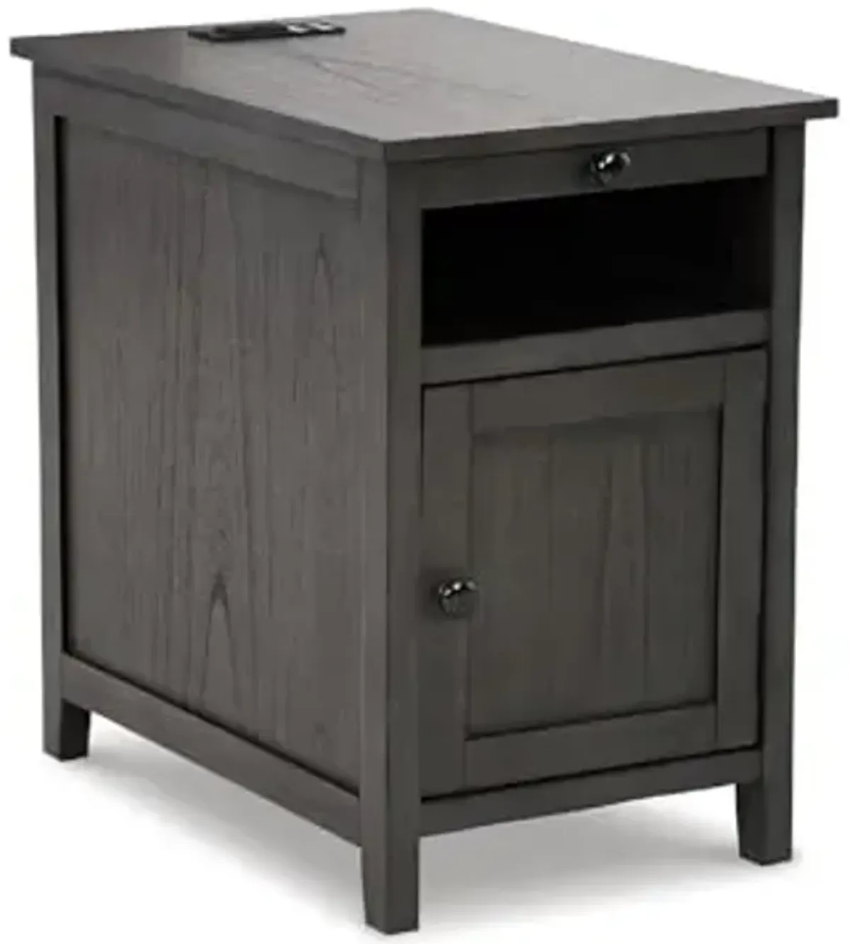 Signature Design by Ashley Treytown Casual Compact Chairside End Table with a Storage Cabinet, Open Cubby Shelf, Pull-Out Tray & USB Charging Ports, Dark Gray
