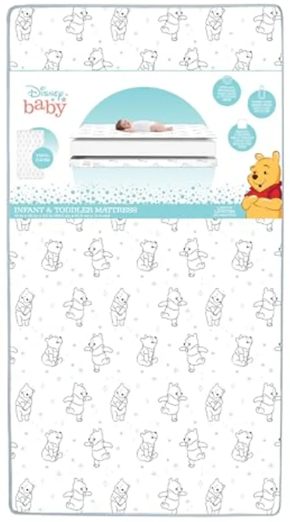 Delta Children Disney Winnie The Pooh Dual Sided Crib and Toddler Mattress Sustainably Sourced Fiber Core - Waterproof - GREENGUARD Gold Certified (Non-Toxic) - Lightweight - Made in USA