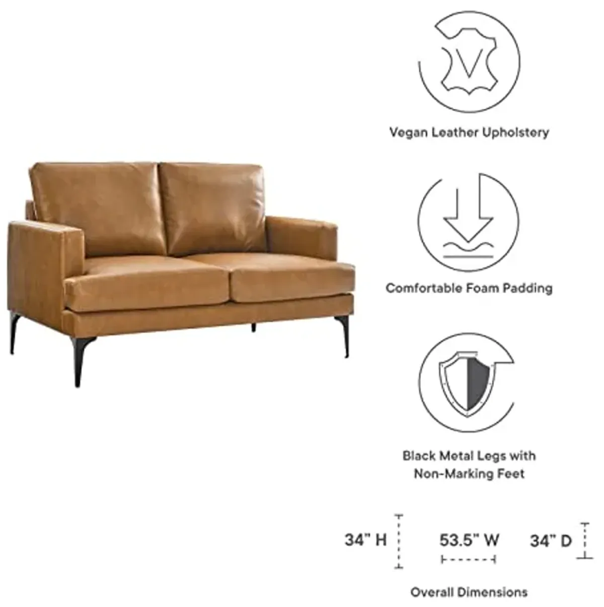 Modway Evermore Vegan Leather Upholstered, Loveseat, Tan