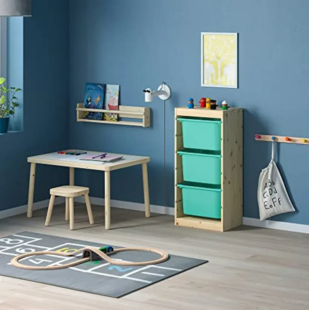 IKEA TROFAST Storage Combination with Boxes, 44x30x91 cm, Light White Stained Pine/Turquoise