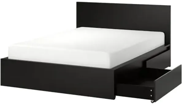 Ikea MALM bed frame, high, w 4 storage boxes, 140x200 cm, black-brown/Luröy