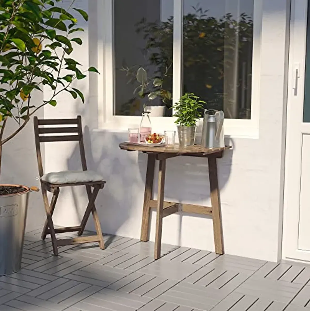 Ikea ASKHOLMEN table for wall+1 fold chr, outdoor, grey-brown stained/Kuddarna beige