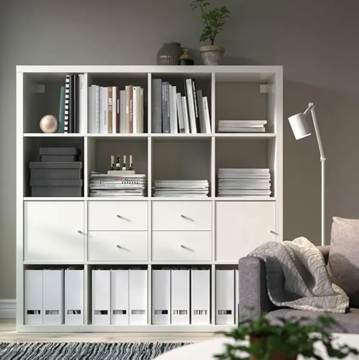 IKEA KALLAX Shelving Unit with 4 Inserts, 147x147 cm, high-Gloss/White