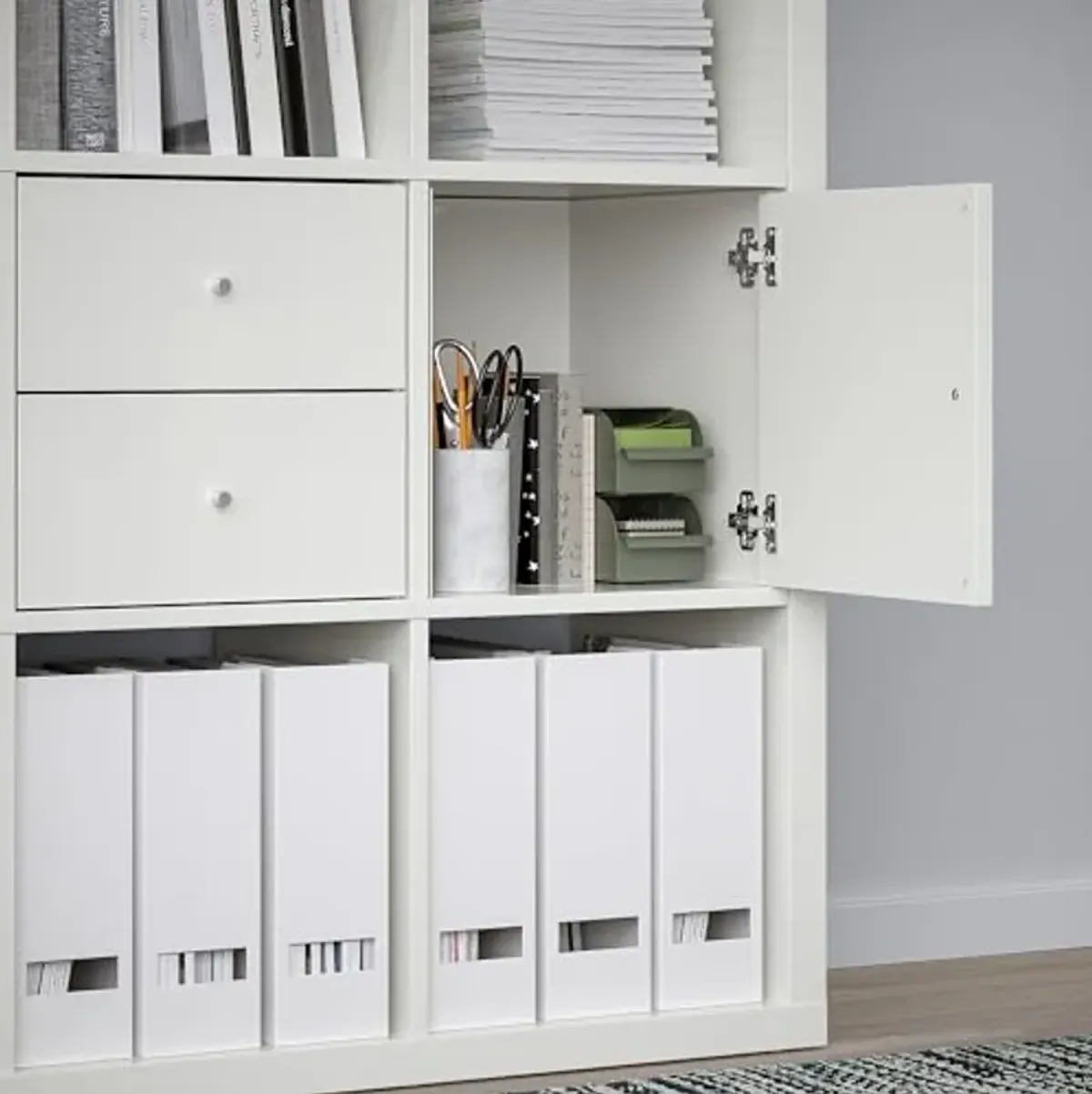 IKEA KALLAX Shelving Unit with 4 Inserts, 147x147 cm, high-Gloss/White